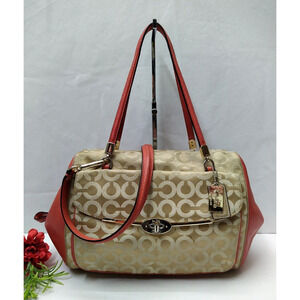 Coach Madison Signature Beige Canvas Leather Trim East-West Satchel Shoulder Bag